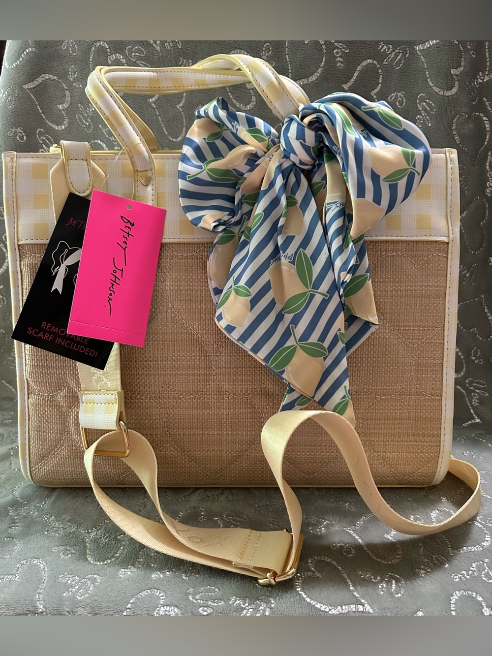 NWT Betsey Johnson, Large, Yellow & Blue Gingham Tote w/Lemon-Print Scarf